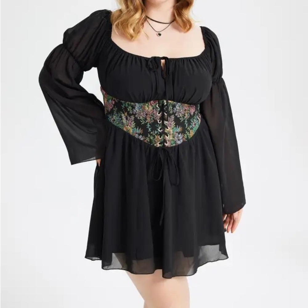 Cider Floral Corset Mini‎ Dress S Black Sheer Bell Sleeve Cottagecore